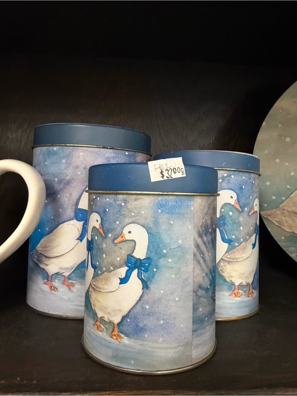 Set of 3 Vintage Goose Canisters Blue Winter Farmhouse Kitchen Tins